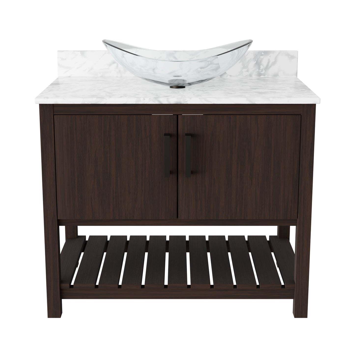 36-inch Novatto bath vanity with Carrara white marble counter and sink, showcasing elegant bathroom accessory design.