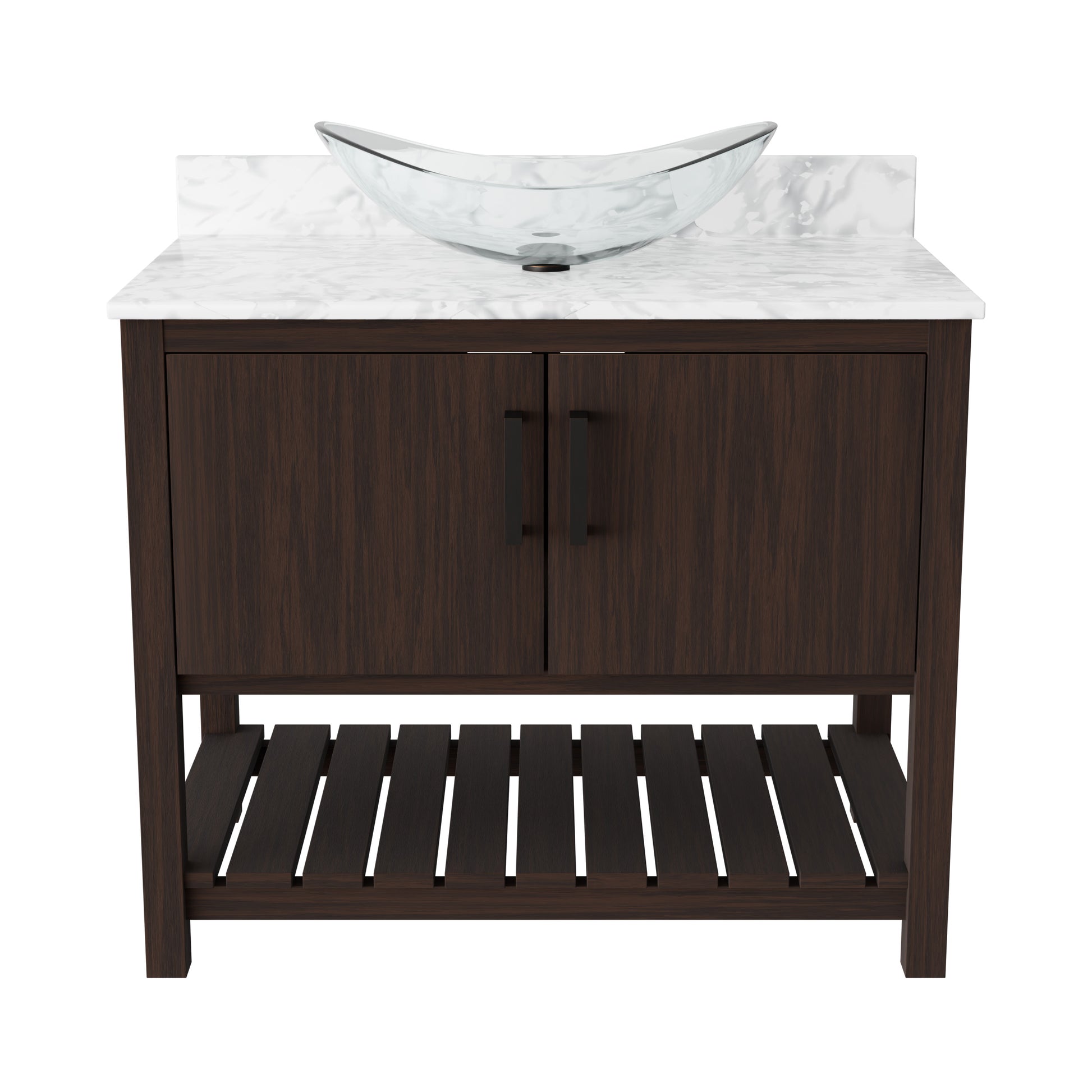 36-inch Novatto bath vanity with Carrara white marble counter and sink, showcasing elegant bathroom accessory design.