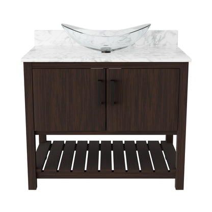 36-inch Novatto bath vanity with Carrara white marble counter and sink, showcasing elegant bathroom accessory design.
