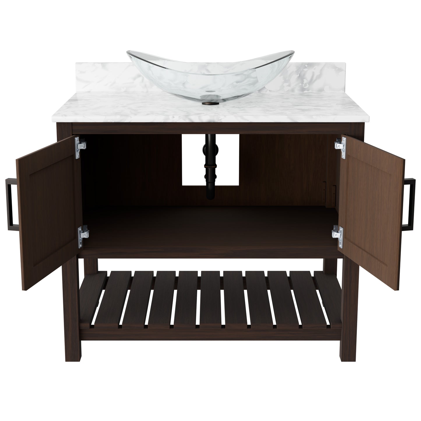 36-inch Novatto bath vanity with Carrara white marble counter and integrated sink, showcasing elegant bathroom fixture details.