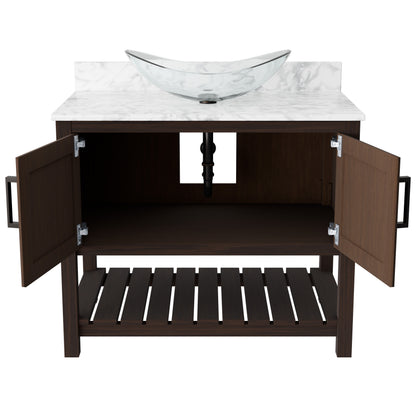 36-inch Novatto bath vanity with Carrara white marble counter and integrated sink, showcasing elegant bathroom fixture details.