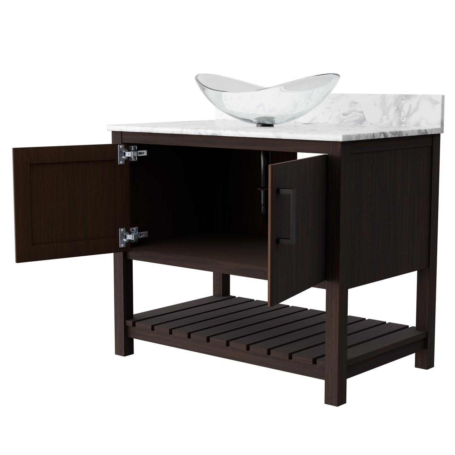 Novatto 36-inch bath vanity with Carrara white marble counter and integrated sink, showcasing sleek bathroom accessory design.