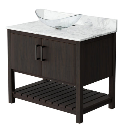36-inch Novatto bath vanity with Carrara white marble countertop and integrated sink, shown in a modern bathroom setting.