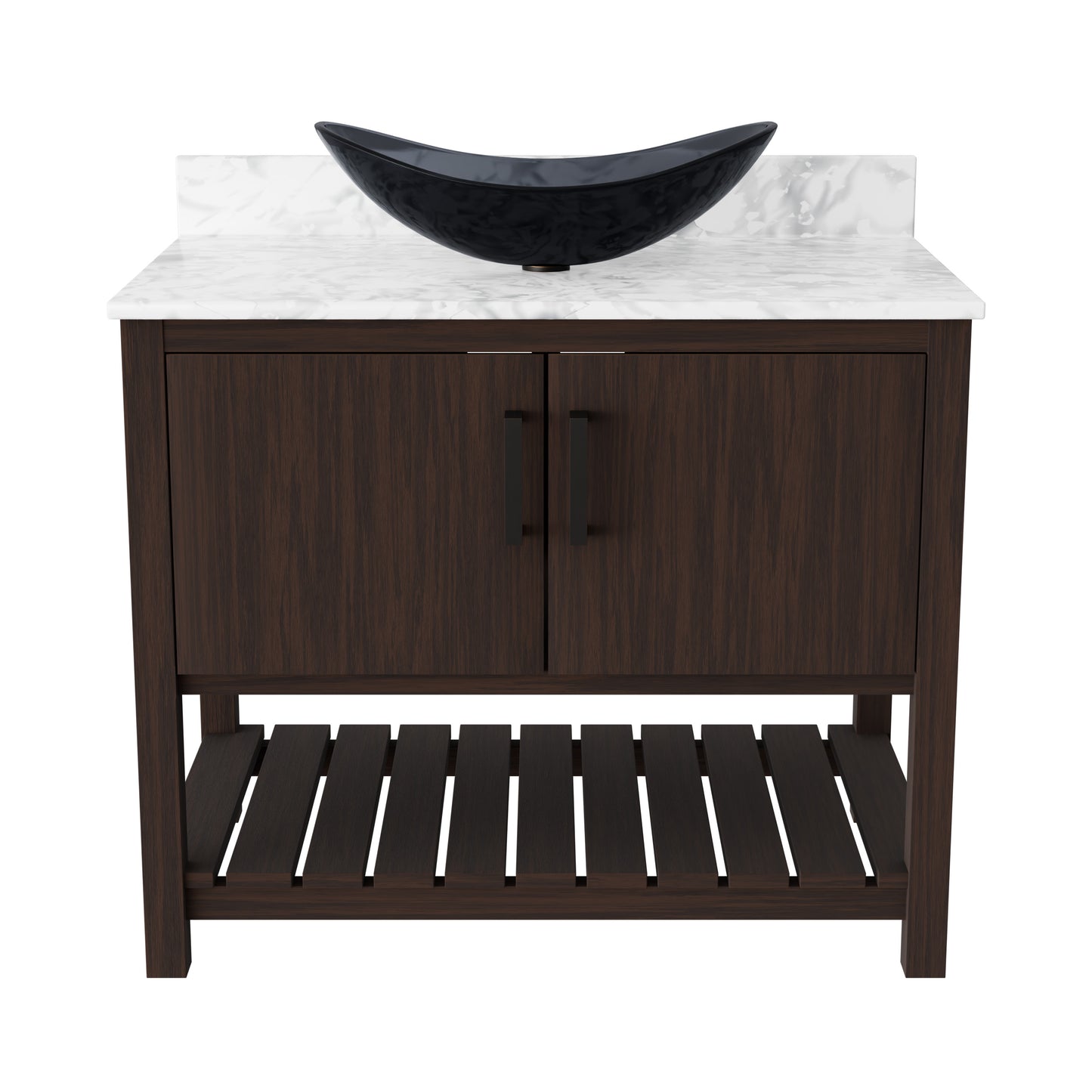 36-inch Novatto bath vanity with Carrara white marble counter and integrated sink, showcasing elegant bathroom accessory design.