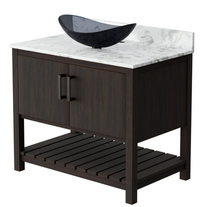 36-inch Novatto bath vanity with Carrara white marble counter and sink, featuring modern bathroom accessory design.