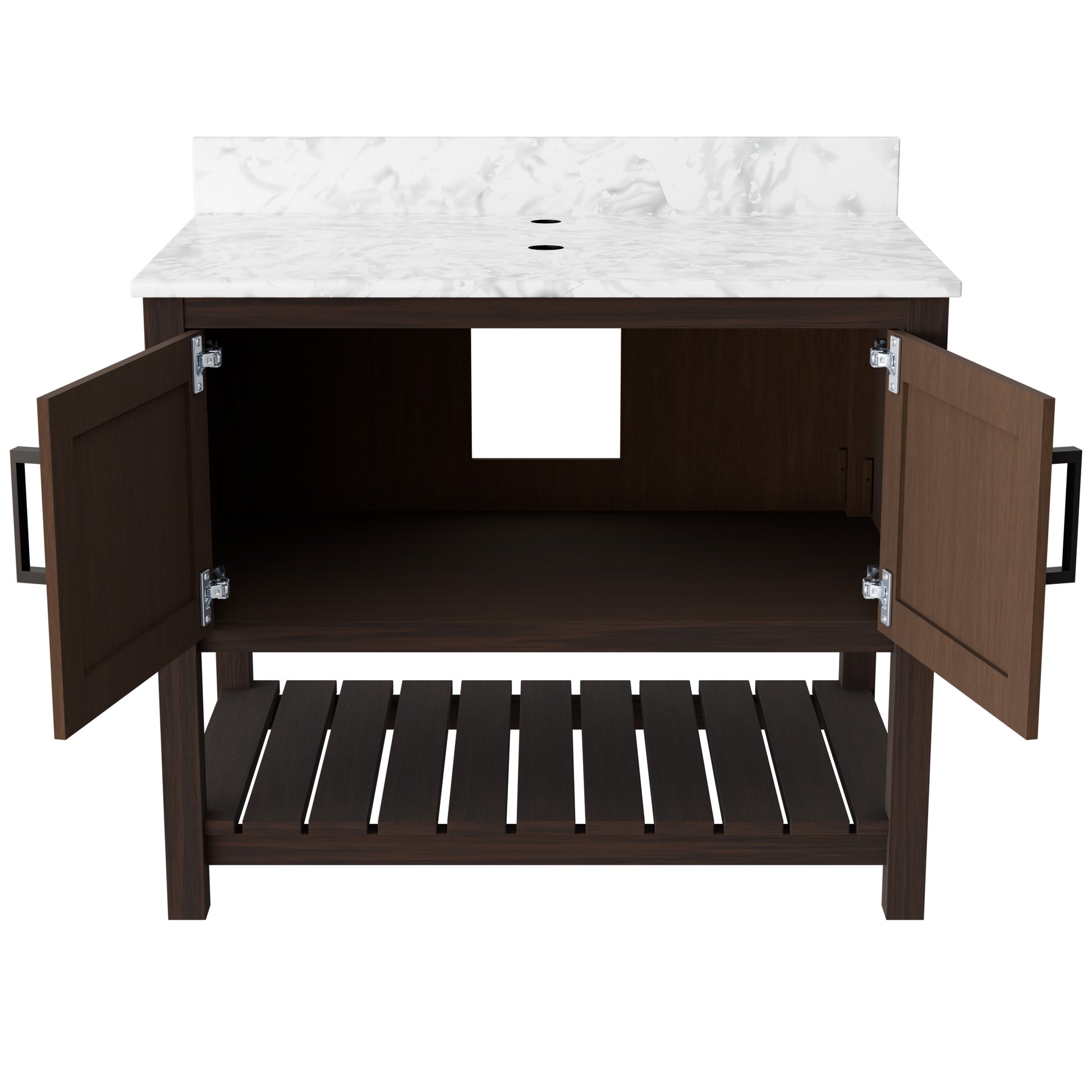 36-inch Novatto vanity with Carrara white marble countertop, showcasing a sleek bathroom accessory with elegant stone surfaces.