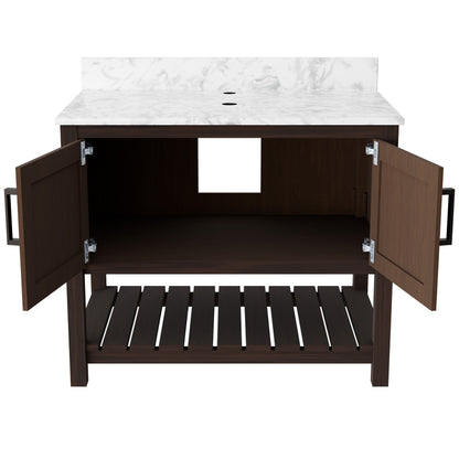 36-inch Novatto vanity with Carrara white marble countertop, showcasing a sleek bathroom accessory with elegant stone surfaces.