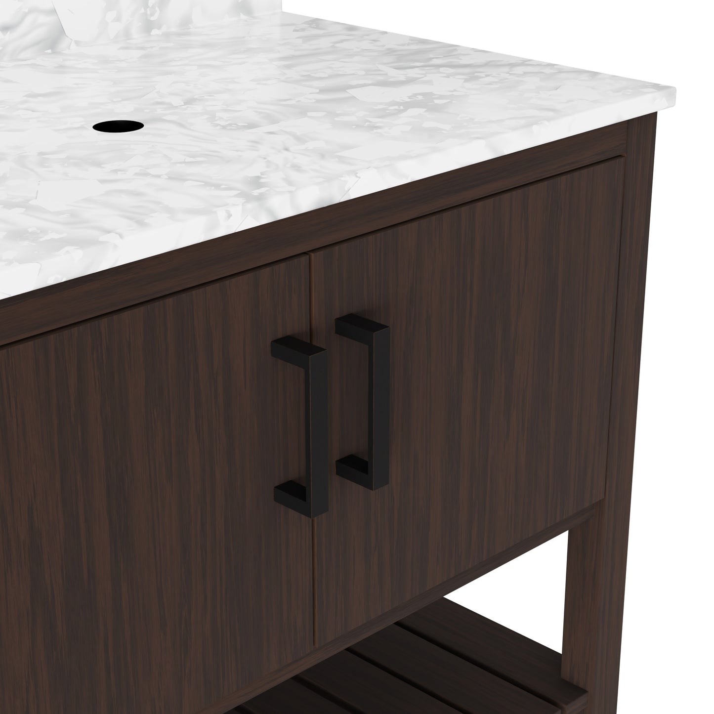 36-inch Novatto vanity with Carrara white marble countertop, showcasing the elegant bathroom accessory and detailed surface finish.