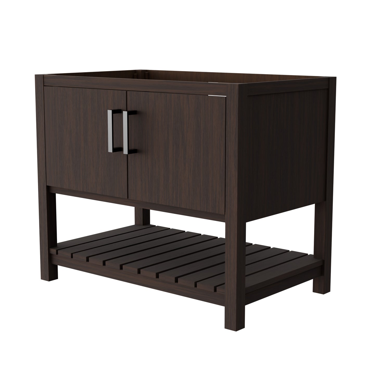 36-inch Novatto Cafe Mocha bath vanity accessory with sleek wood finish and modern design, shown in a close-up view.