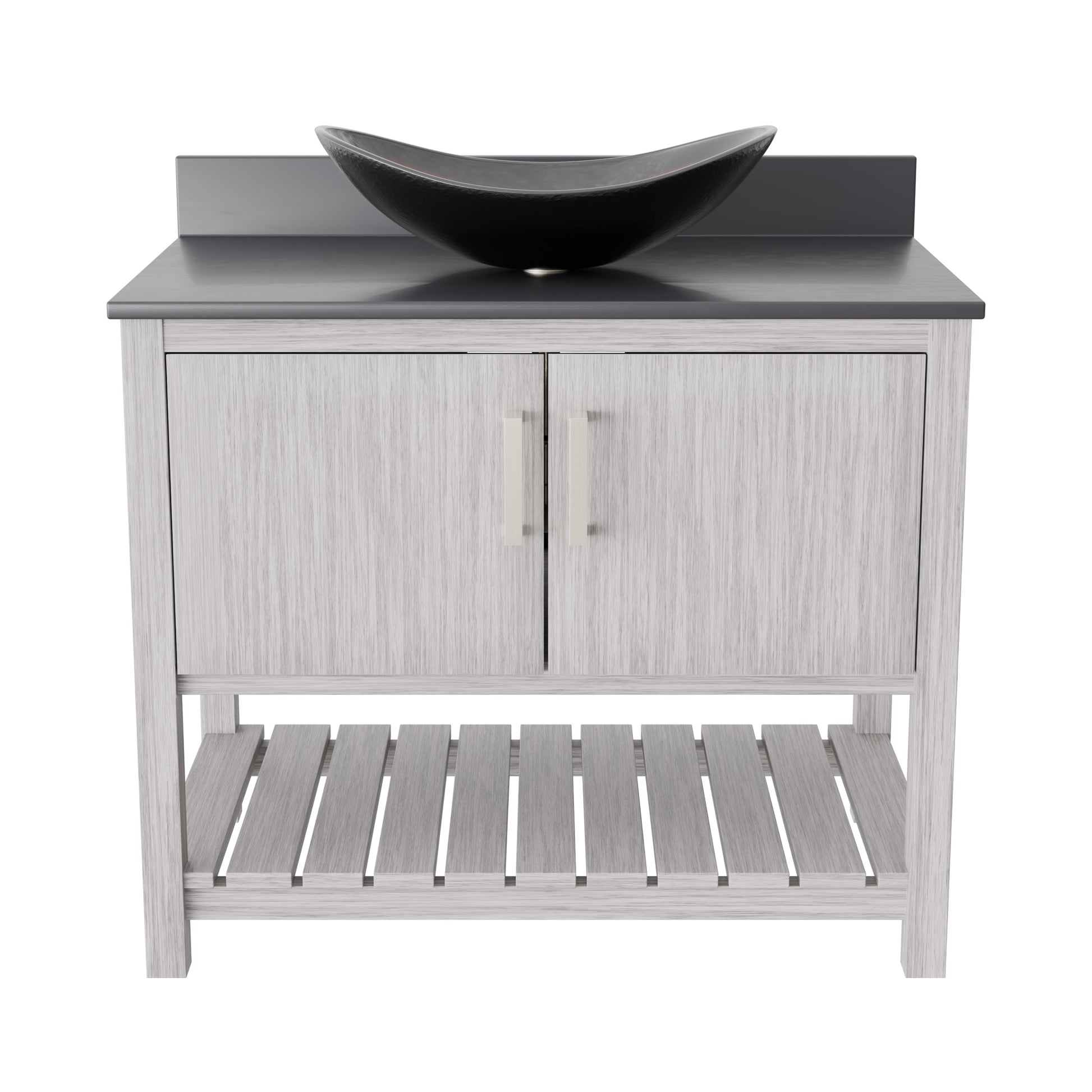 36-inch Novatto bath vanity with storm grey quartz countertop and integrated sink, showcasing modern bathroom accessory design.