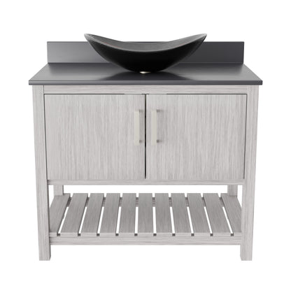 36-inch Novatto bath vanity with storm grey quartz countertop and integrated sink, showcasing modern bathroom accessory design.