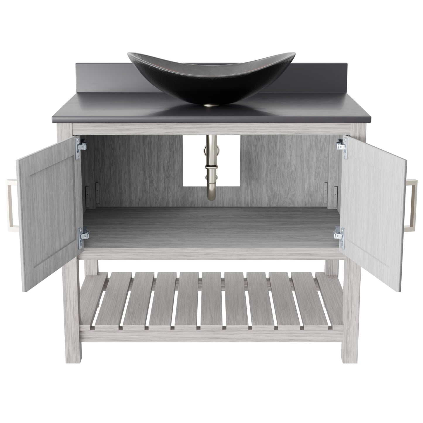 36-inch Novatto bathroom vanity with storm grey quartz countertop and integrated sink, modern accessory for bathroom decor.