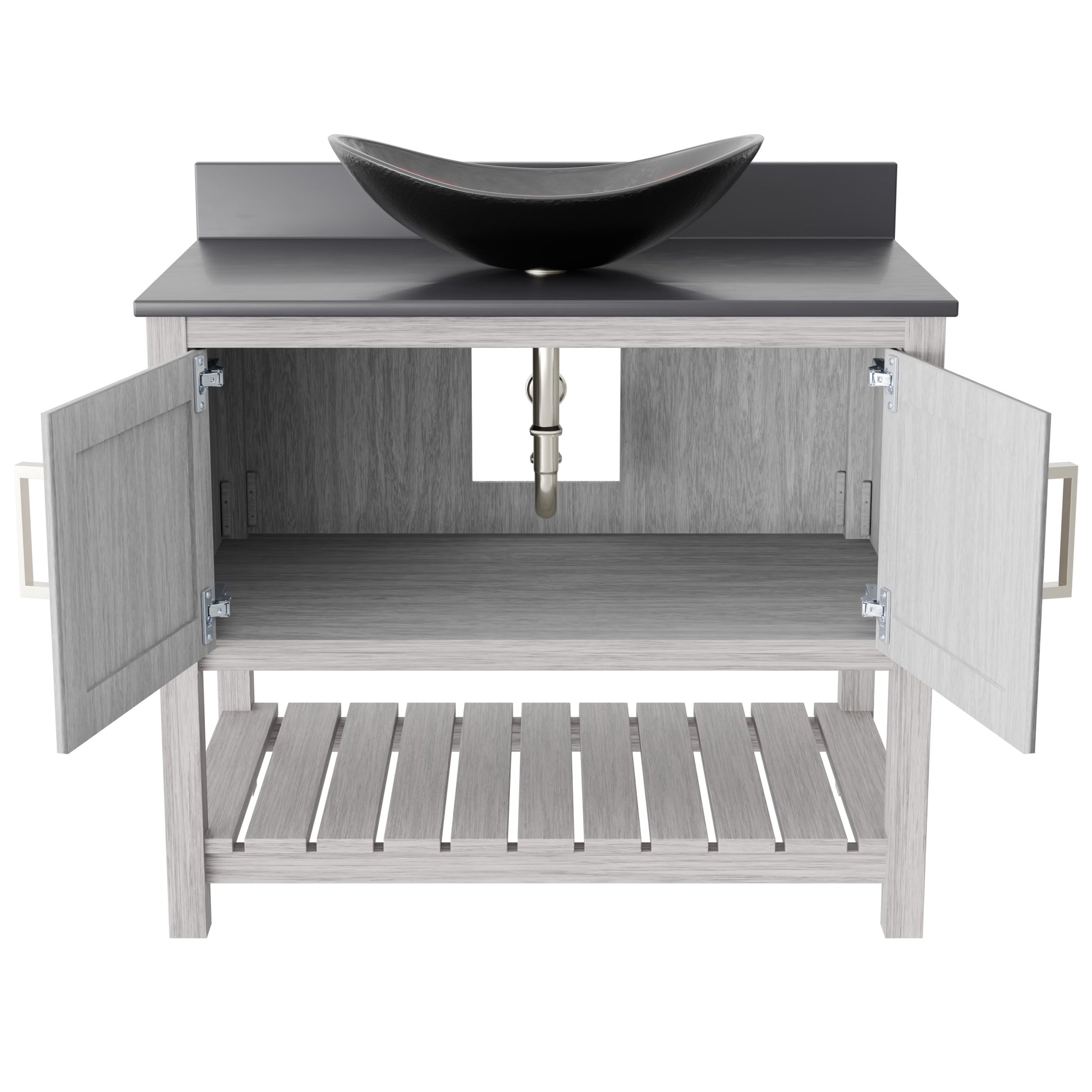 36-inch Novatto bathroom vanity with storm grey quartz countertop and integrated sink, modern accessory for bathroom decor.