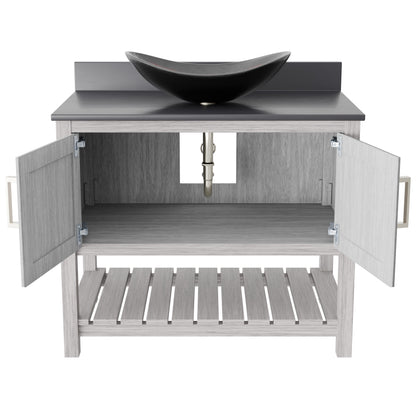 36-inch Novatto bathroom vanity with storm grey quartz countertop and integrated sink, modern accessory for bathroom decor.
