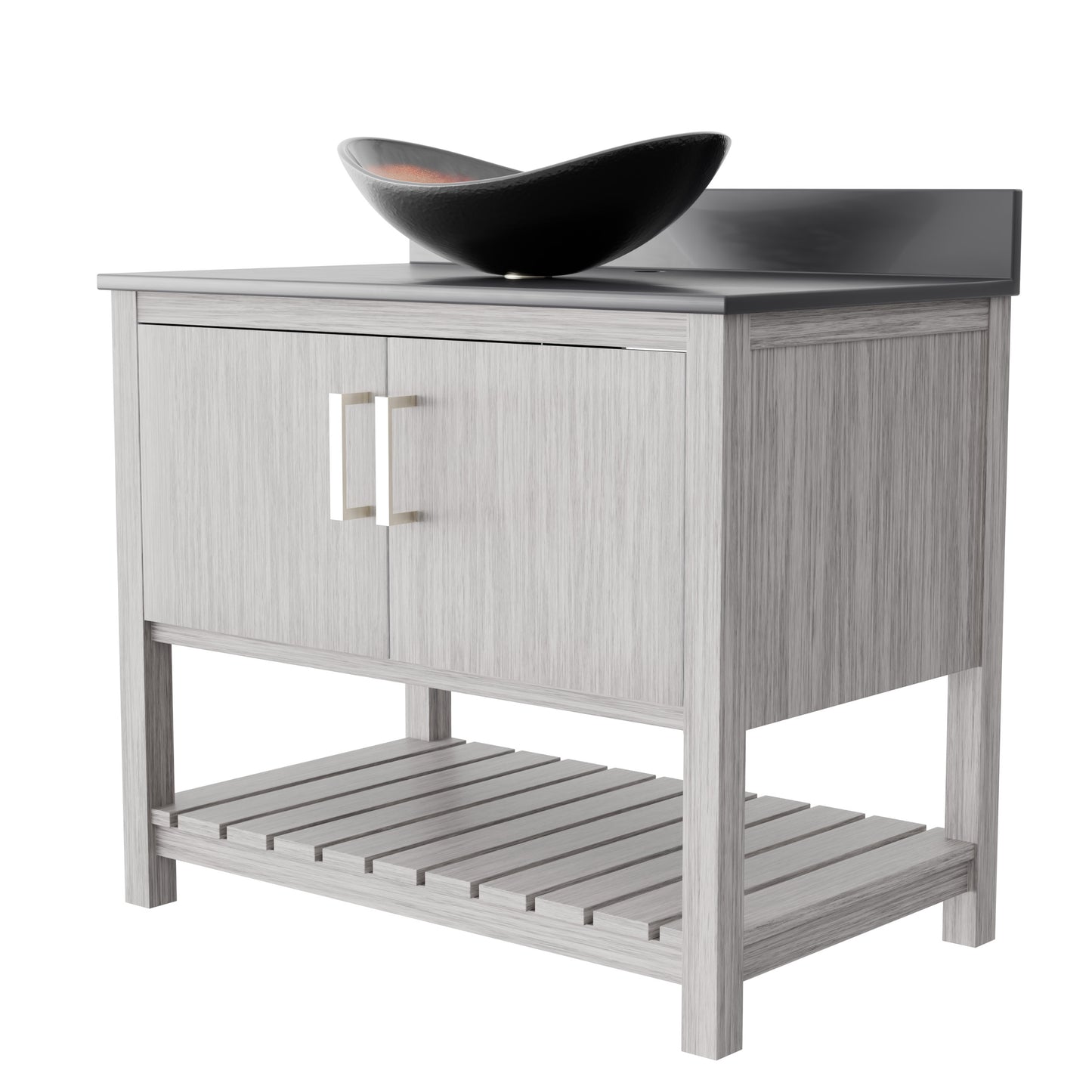 36-inch Novatto bath vanity with storm grey quartz countertop and integrated sink, showcasing modern bathroom accessory design.