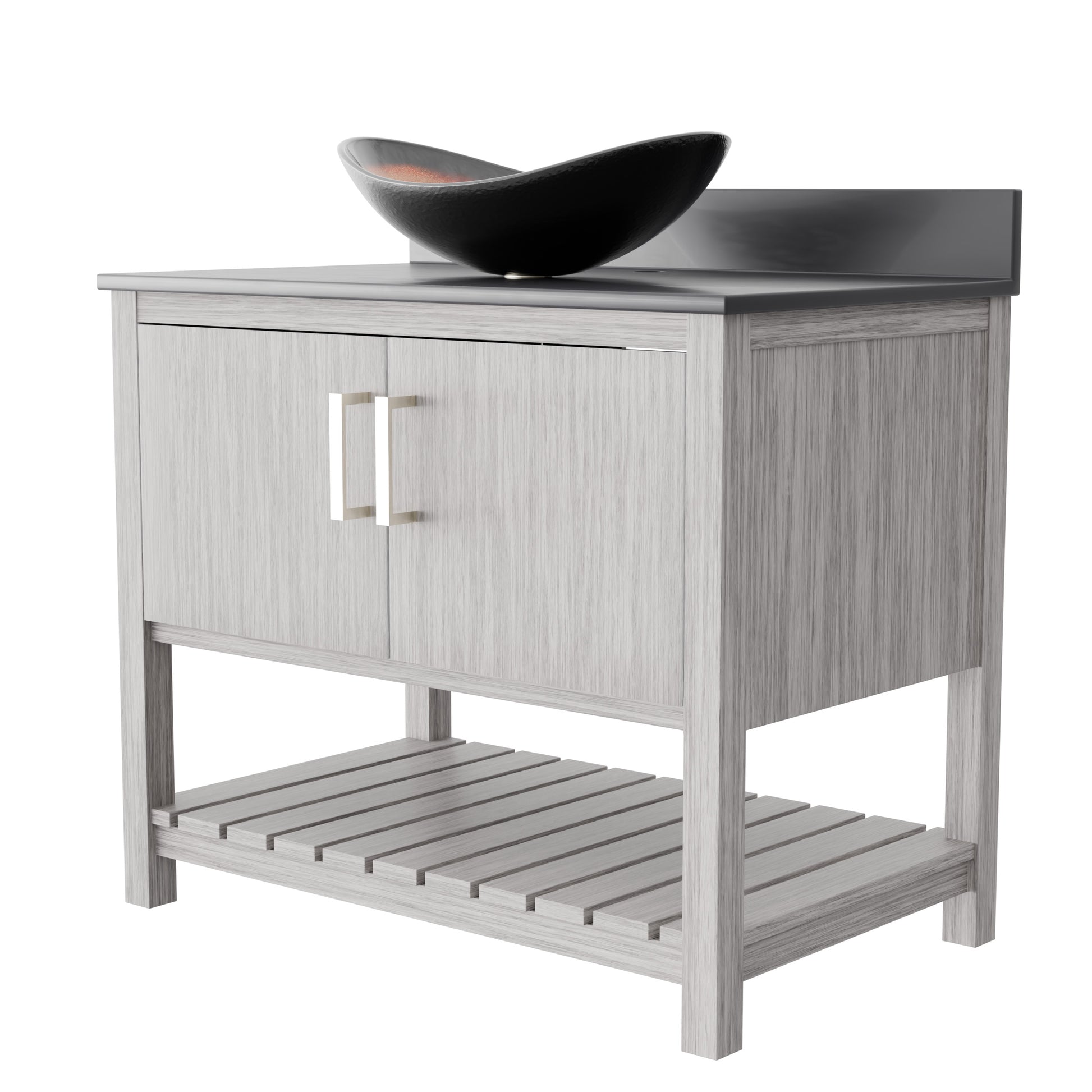 36-inch Novatto bath vanity with storm grey quartz countertop and integrated sink, showcasing modern bathroom accessory design.