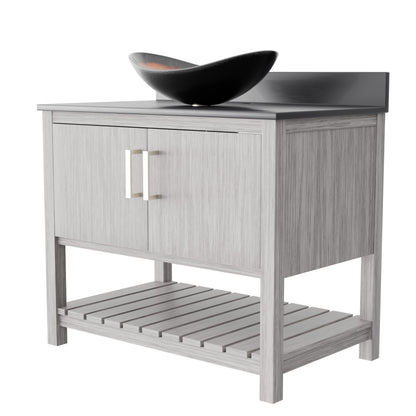 36-inch Novatto bath vanity with storm grey quartz countertop and integrated sink, showcasing modern bathroom accessory design.
