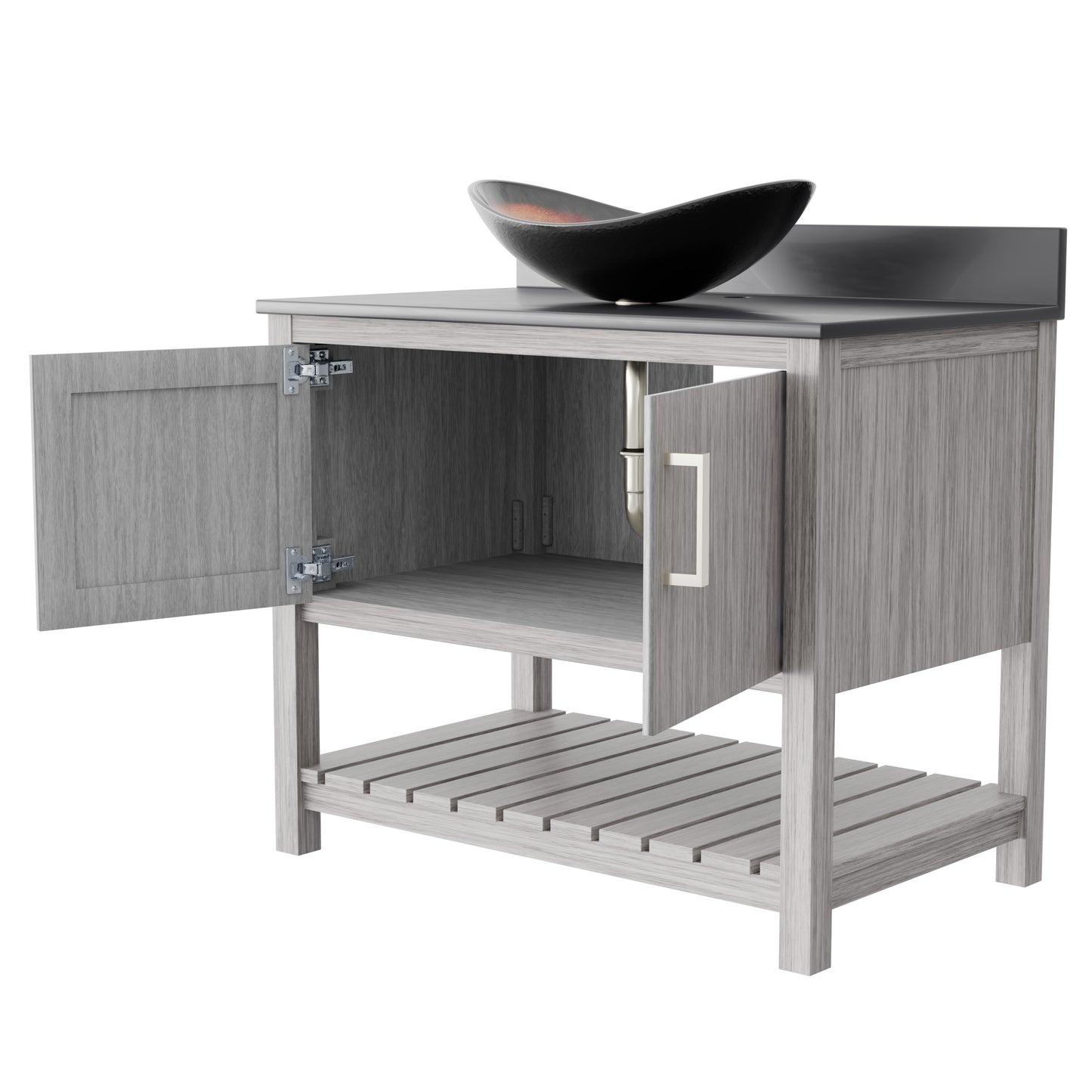 36-inch Novatto bath vanity with storm grey quartz counter and sink, featuring sleek modern design and sturdy wood cabinetry.