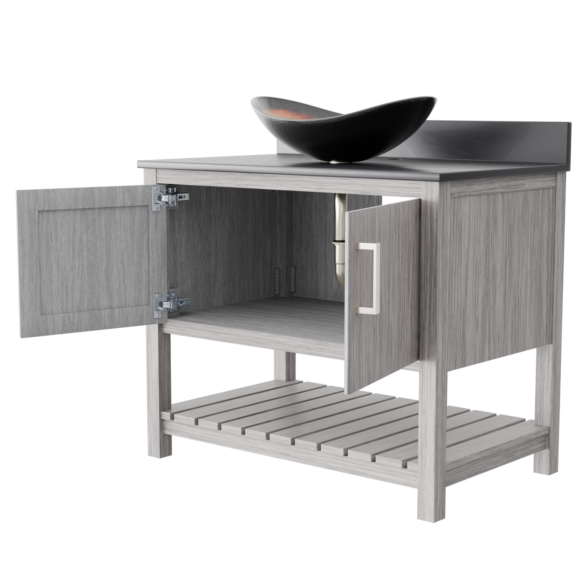 36-inch Novatto bath vanity with storm grey quartz counter and sink, featuring sleek modern design and sturdy wood cabinetry.