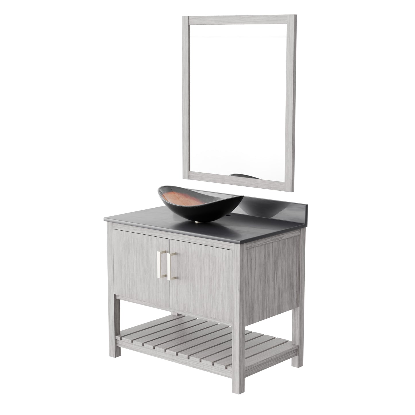 Novatto 36-inch bath vanity with storm grey quartz countertop and integrated sink, modern bathroom accessory.