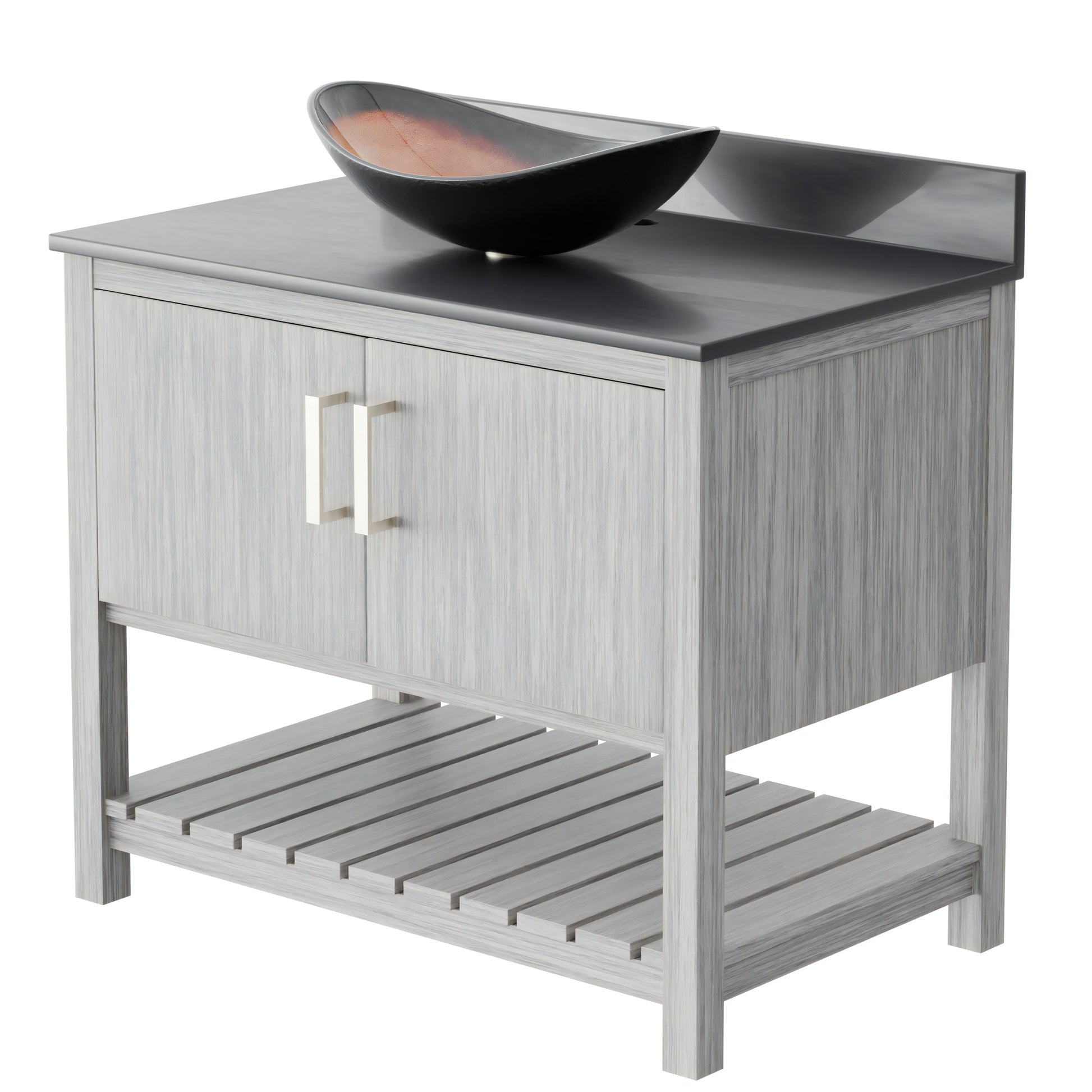 36-inch Novatto bath vanity with storm grey quartz countertop and sink, featuring modern bathroom accessory design.