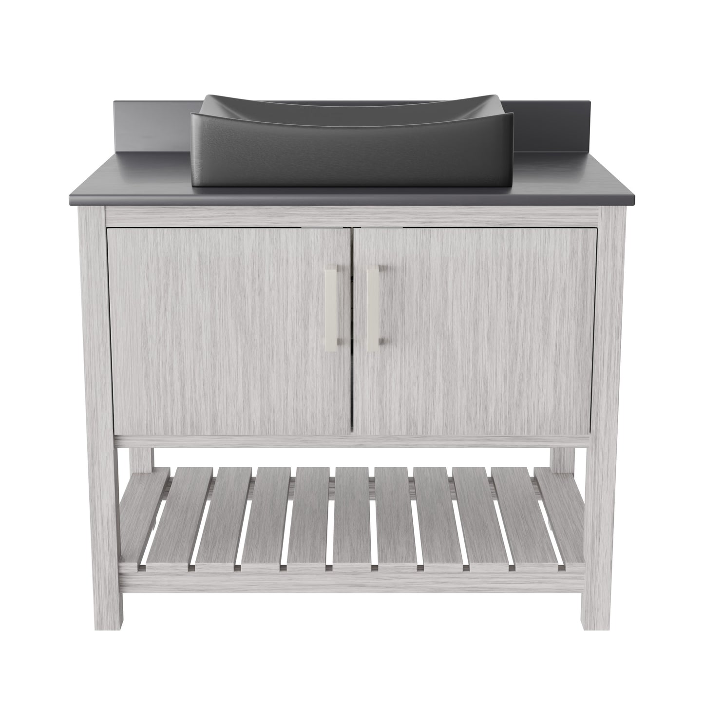 Novatto 36-inch bath vanity with storm grey quartz countertop and integrated sink, modern bathroom accessory.