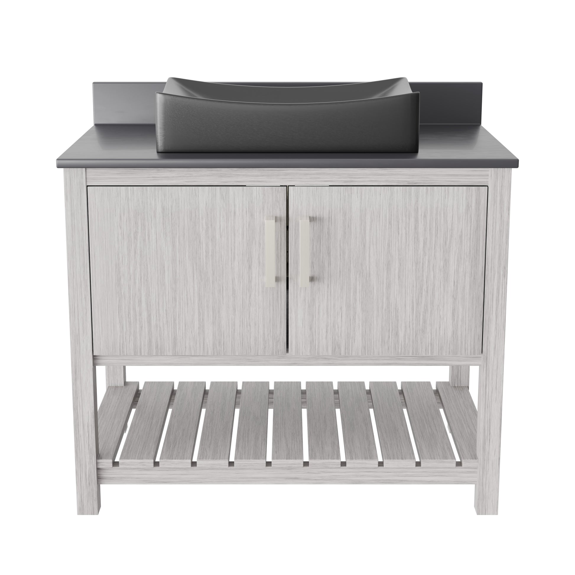 Novatto 36-inch bath vanity with storm grey quartz countertop and integrated sink, modern bathroom accessory.