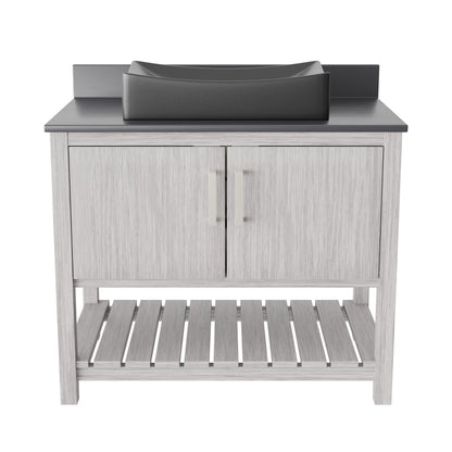 Novatto 36-inch bath vanity with storm grey quartz countertop and integrated sink, modern bathroom accessory.