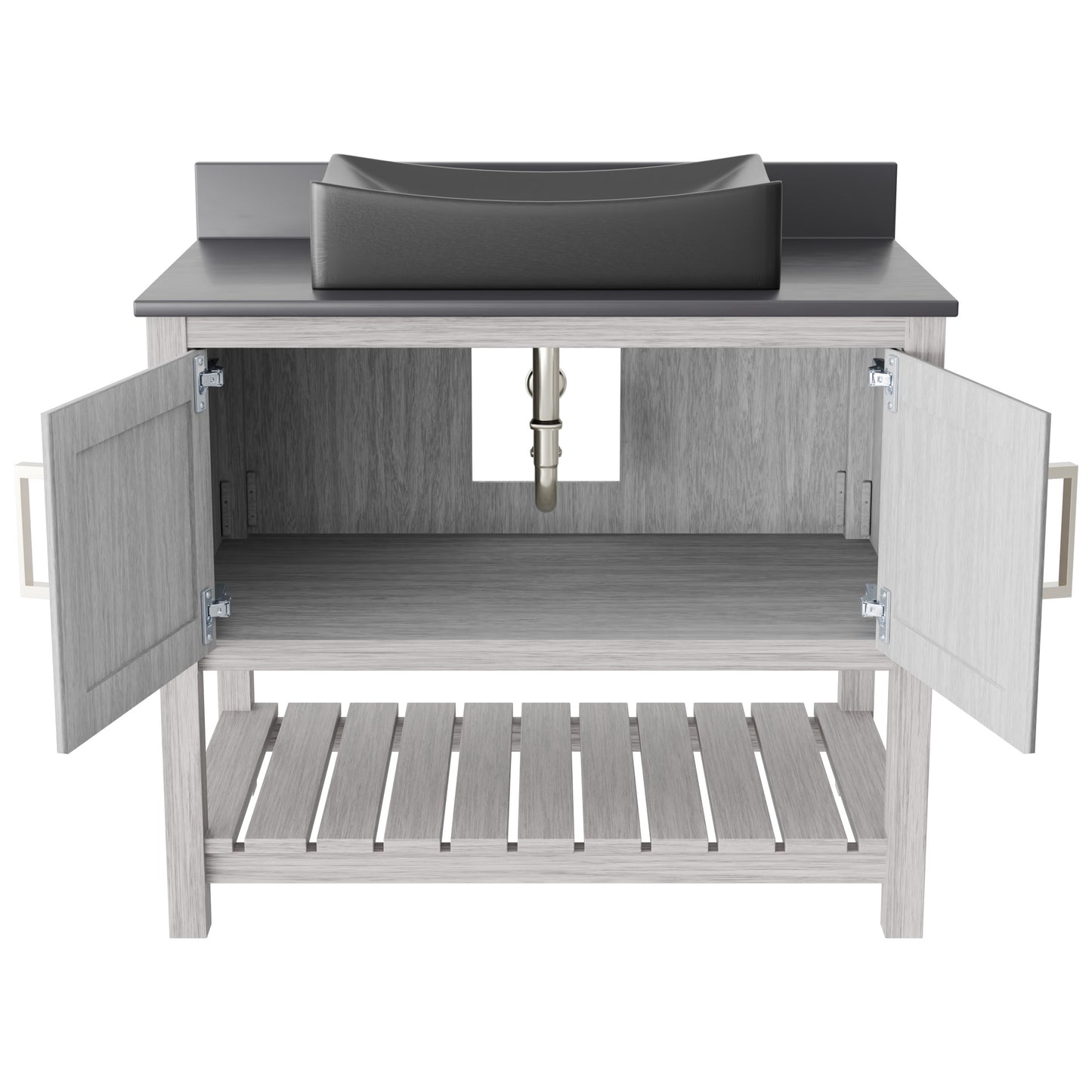 36-inch Novatto bath vanity with storm grey quartz countertop and sink, showcasing sleek modern bathroom accessory design.