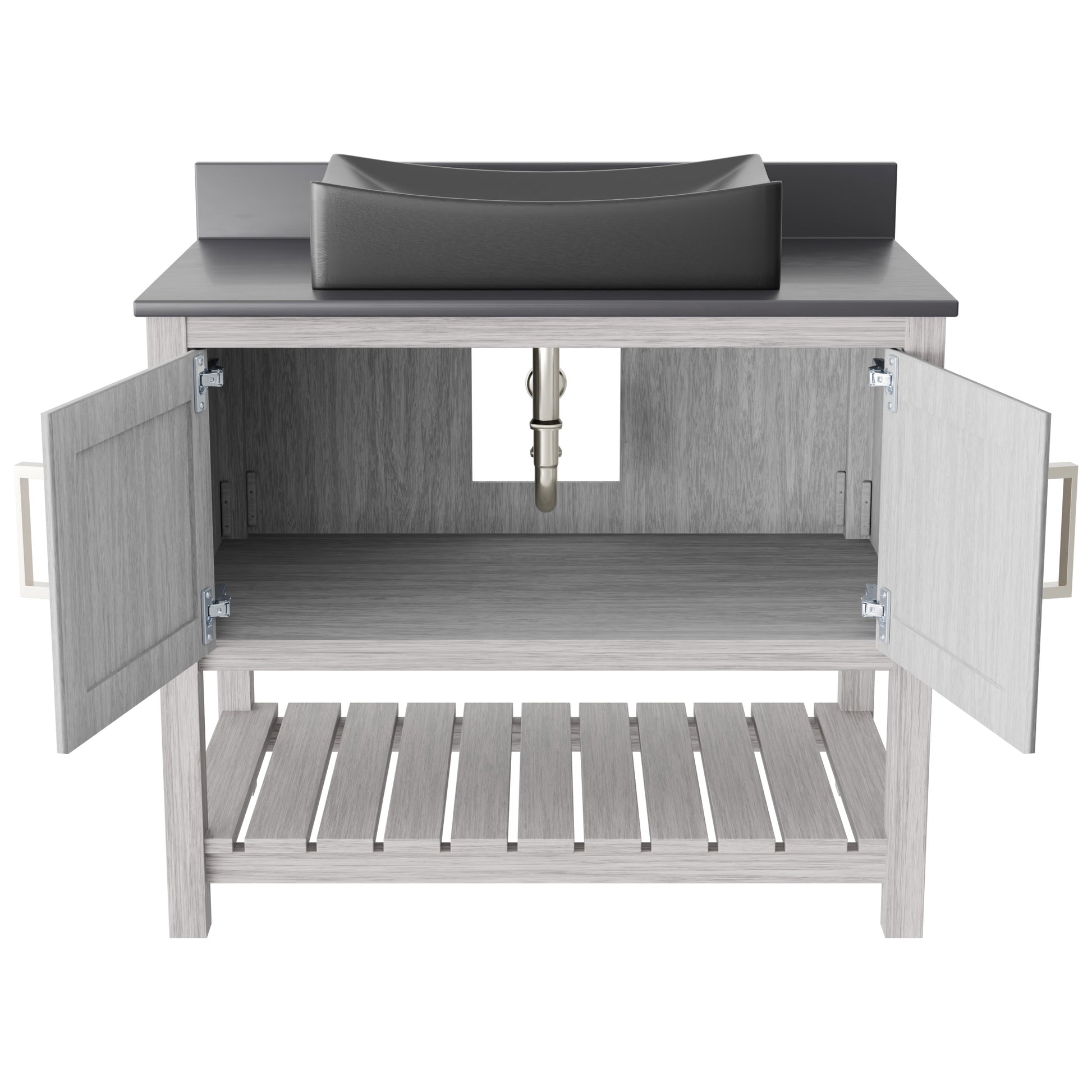 36-inch Novatto bath vanity with storm grey quartz countertop and sink, showcasing sleek modern bathroom accessory design.