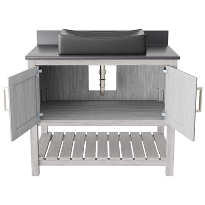 36-inch Novatto bath vanity with storm grey quartz countertop and sink, showcasing sleek modern bathroom accessory design.