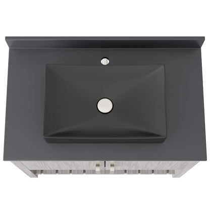 36-inch Novatto bath vanity with storm grey quartz countertop and integrated sink, showcasing sleek bathroom accessory design.