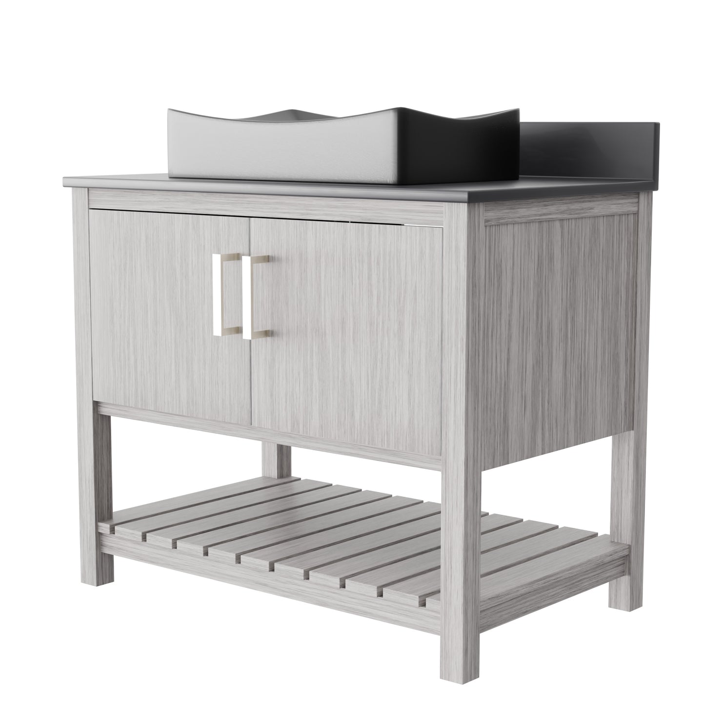 36-inch Novatto bath vanity with storm grey quartz countertop and integrated sink, showcasing sleek bathroom accessory design
