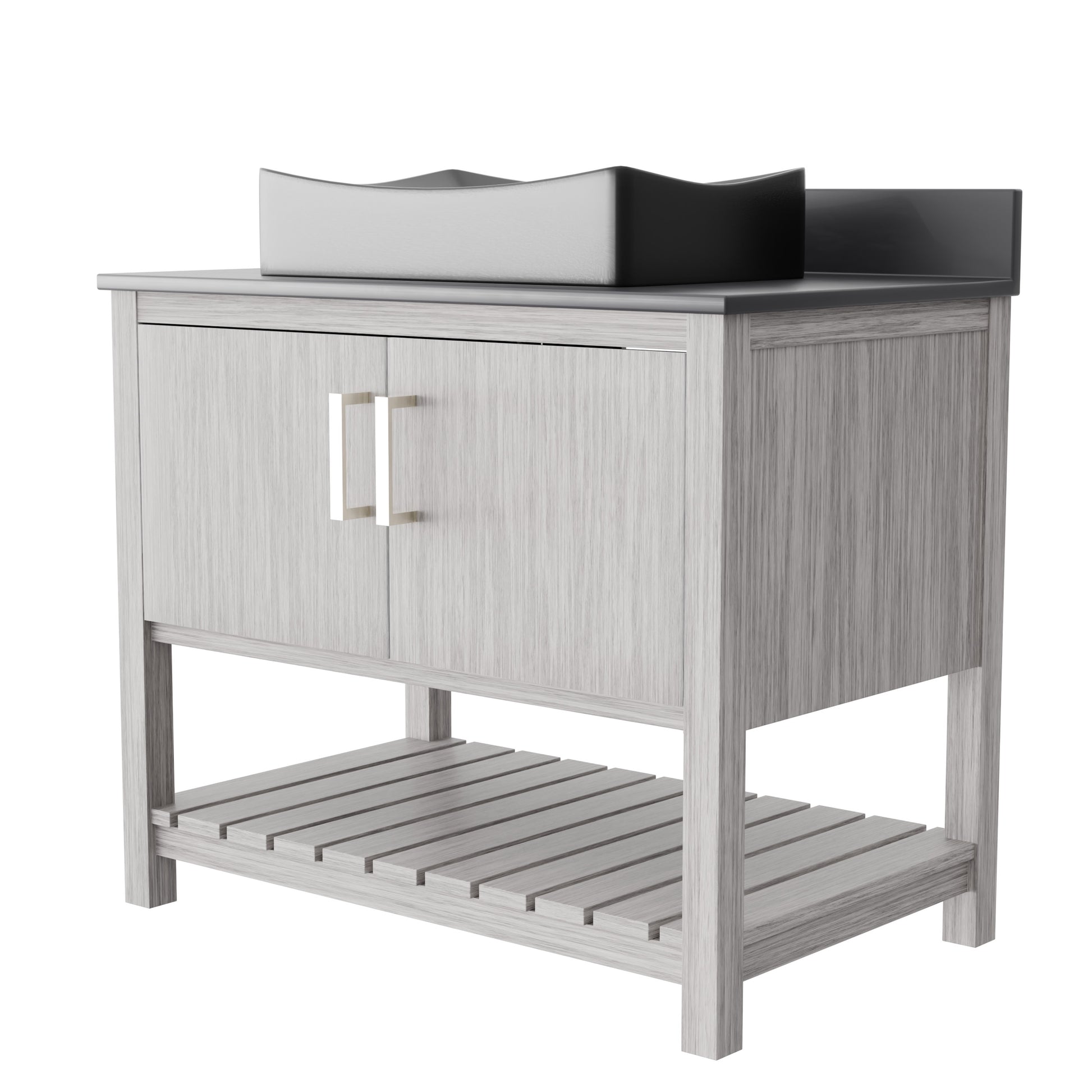 36-inch Novatto bath vanity with storm grey quartz countertop and integrated sink, showcasing sleek bathroom accessory design