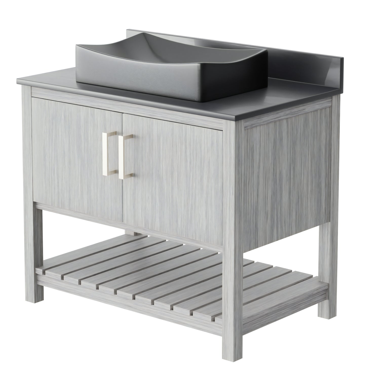 36-inch Novatto bath vanity with storm grey quartz countertop and sink, showcasing sleek bathroom accessory design.