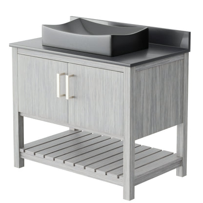 36-inch Novatto bath vanity with storm grey quartz countertop and sink, showcasing sleek bathroom accessory design.