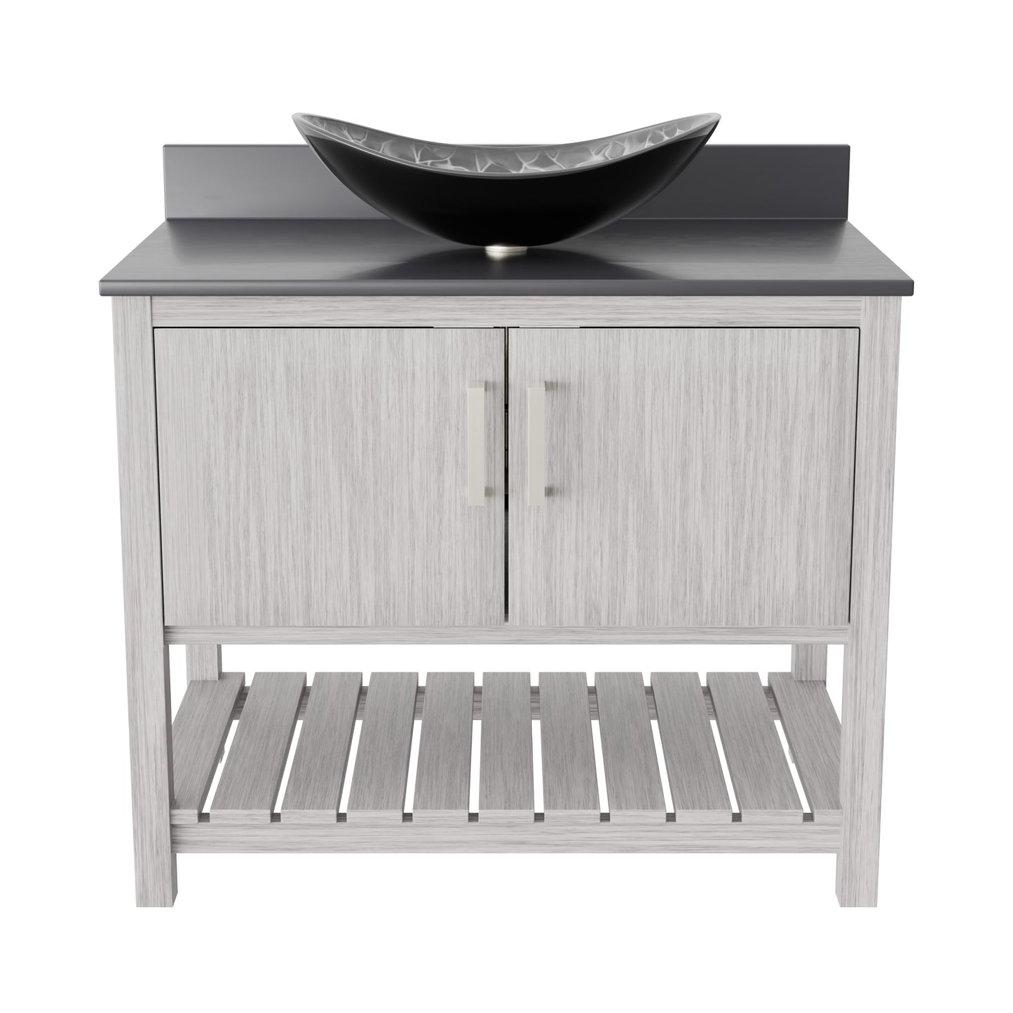 36-inch Novatto bathroom vanity with storm grey quartz countertop and sink, modern accessory for stylish bathroom decor