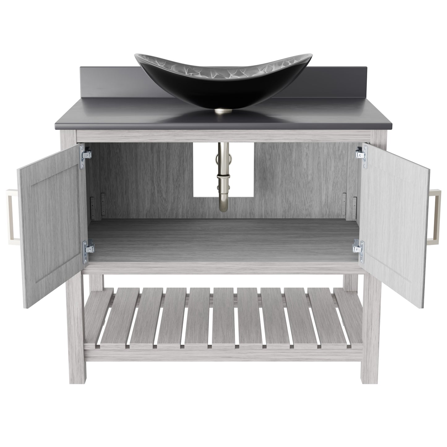 36-inch Novatto bath vanity with storm grey quartz countertop and integrated sink, modern bathroom accessory.