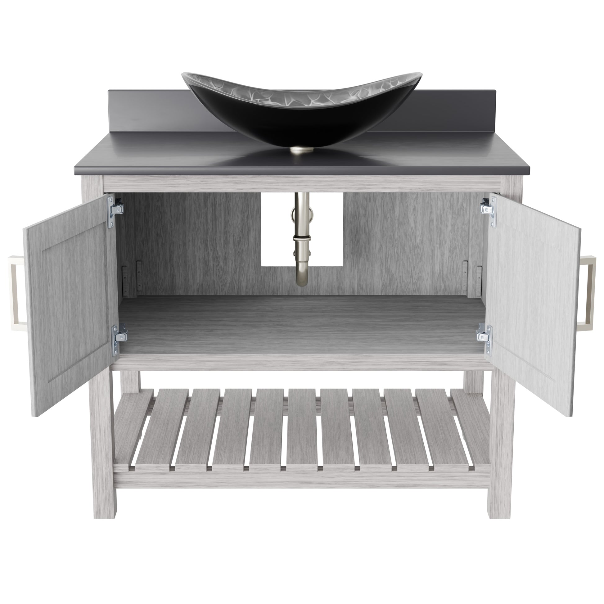 36-inch Novatto bath vanity with storm grey quartz countertop and integrated sink, modern bathroom accessory.