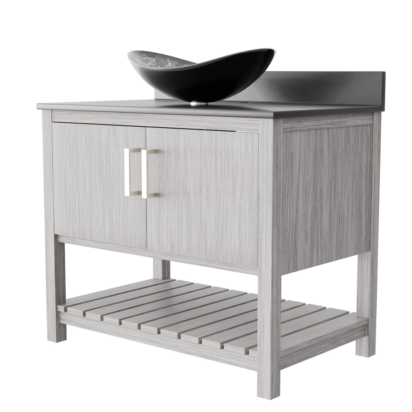 Novatto 36-inch bathroom vanity with storm grey quartz countertop and integrated sink, modern accessory for bathroom decor.