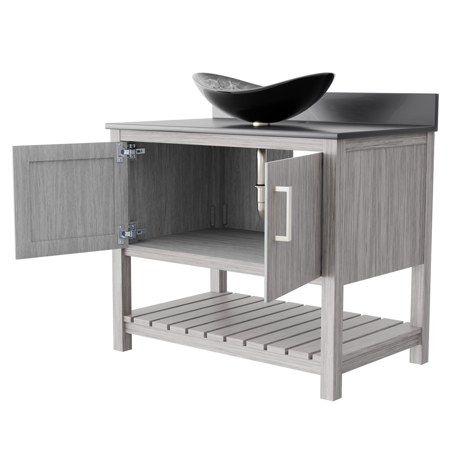 Novatto 36-inch bathroom vanity with storm grey quartz countertop and sink, featuring sleek modern design and durable materials.