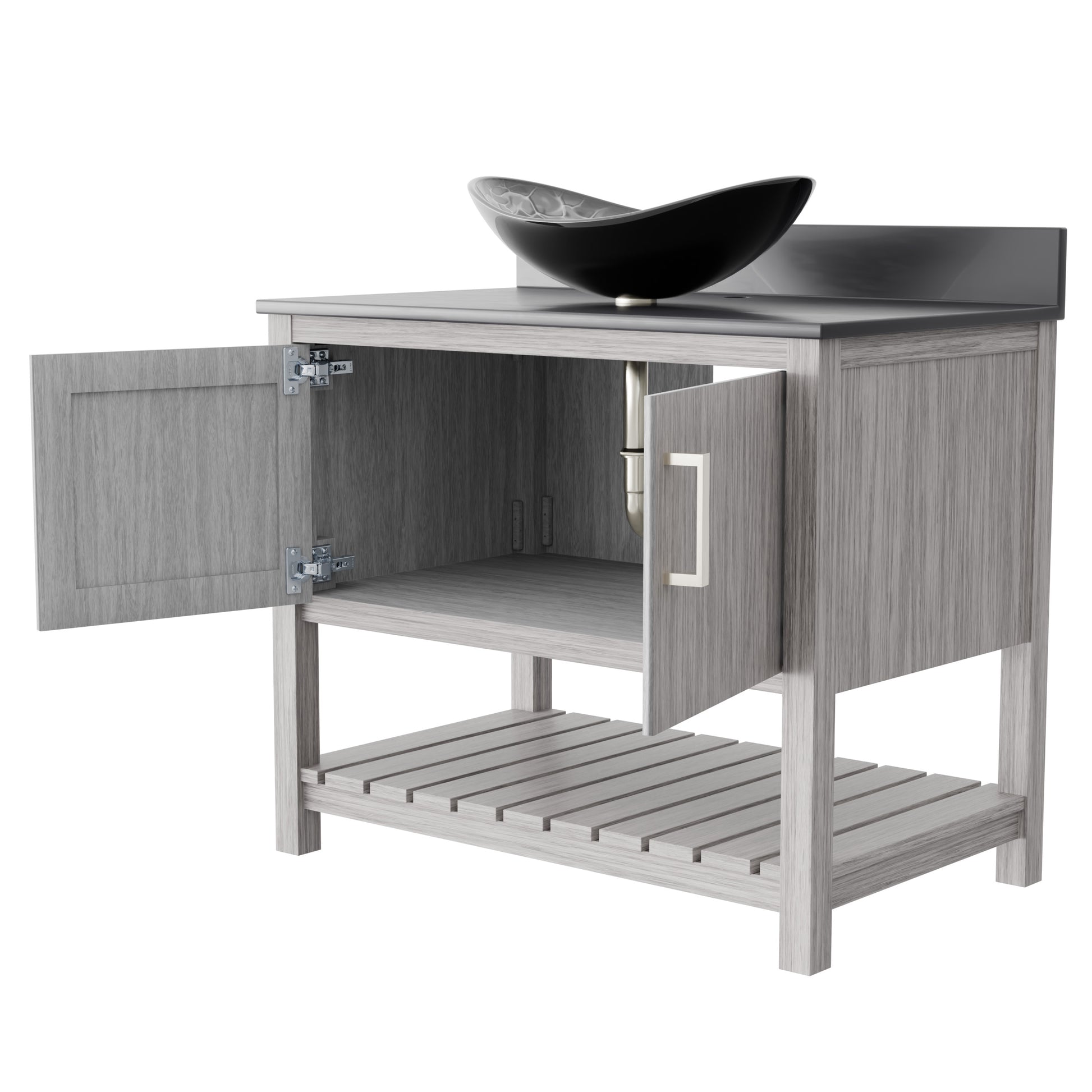 Novatto 36-inch bathroom vanity with storm grey quartz countertop and sink, featuring sleek modern design and durable materials.