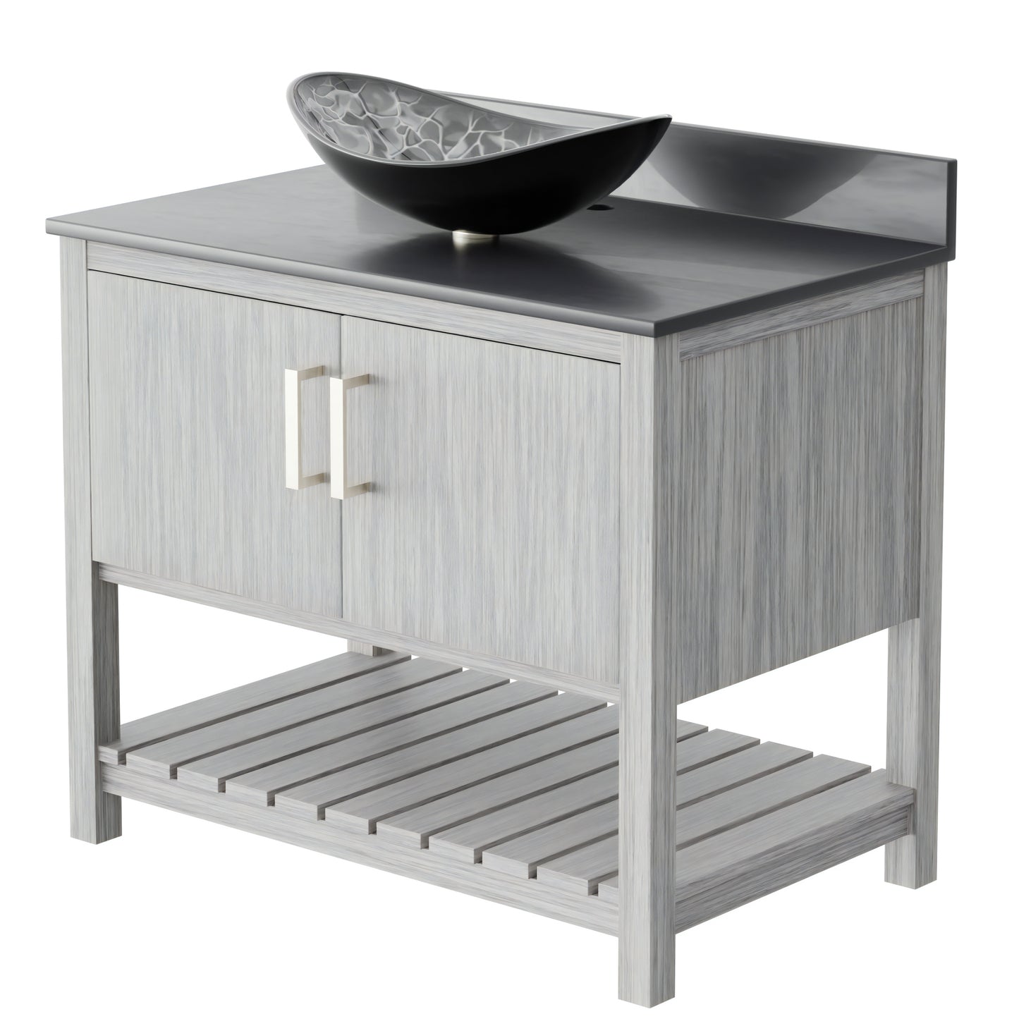 36-inch Novatto bath vanity with storm grey quartz counter and sink, showcasing the sleek design and modern accessories.