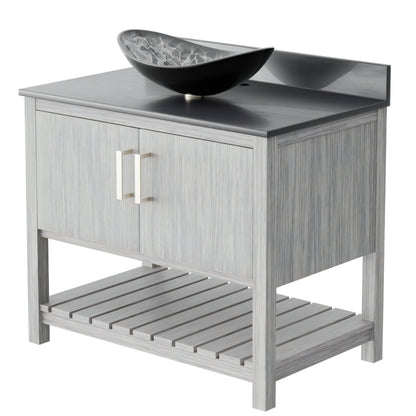 36-inch Novatto bath vanity with storm grey quartz counter and sink, showcasing the sleek design and modern accessories.