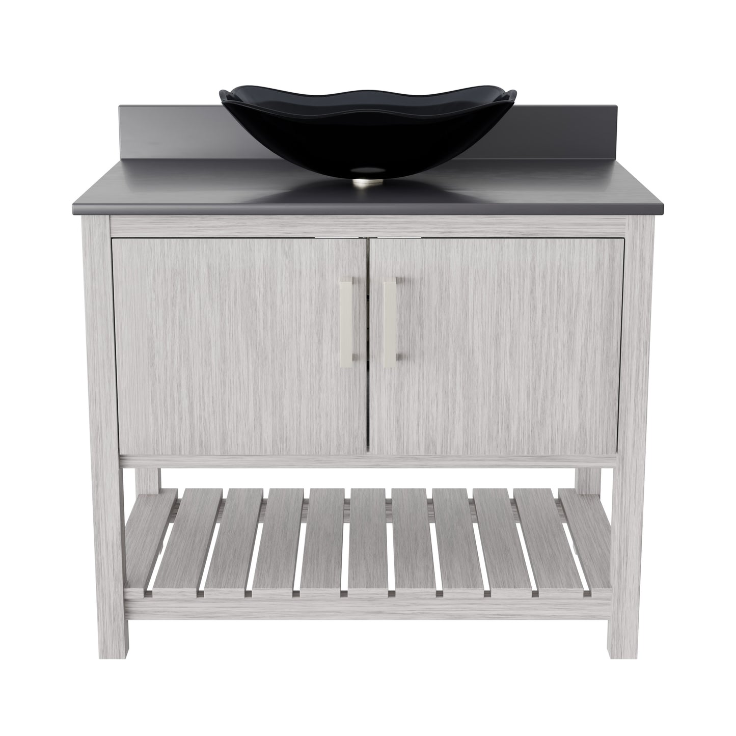36-inch Novatto bathroom vanity with storm grey quartz countertop and integrated sink, showcasing sleek modern design.