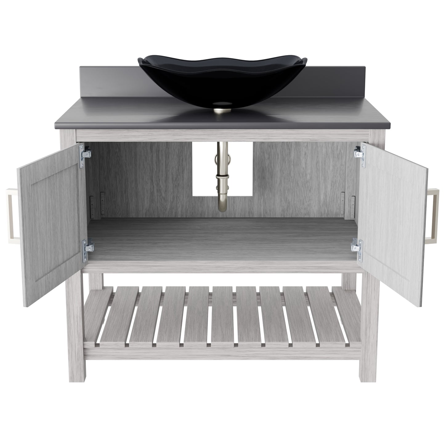 Novatto 36-inch bath vanity with storm grey quartz countertop and sink, showcasing sleek bathroom accessory design.