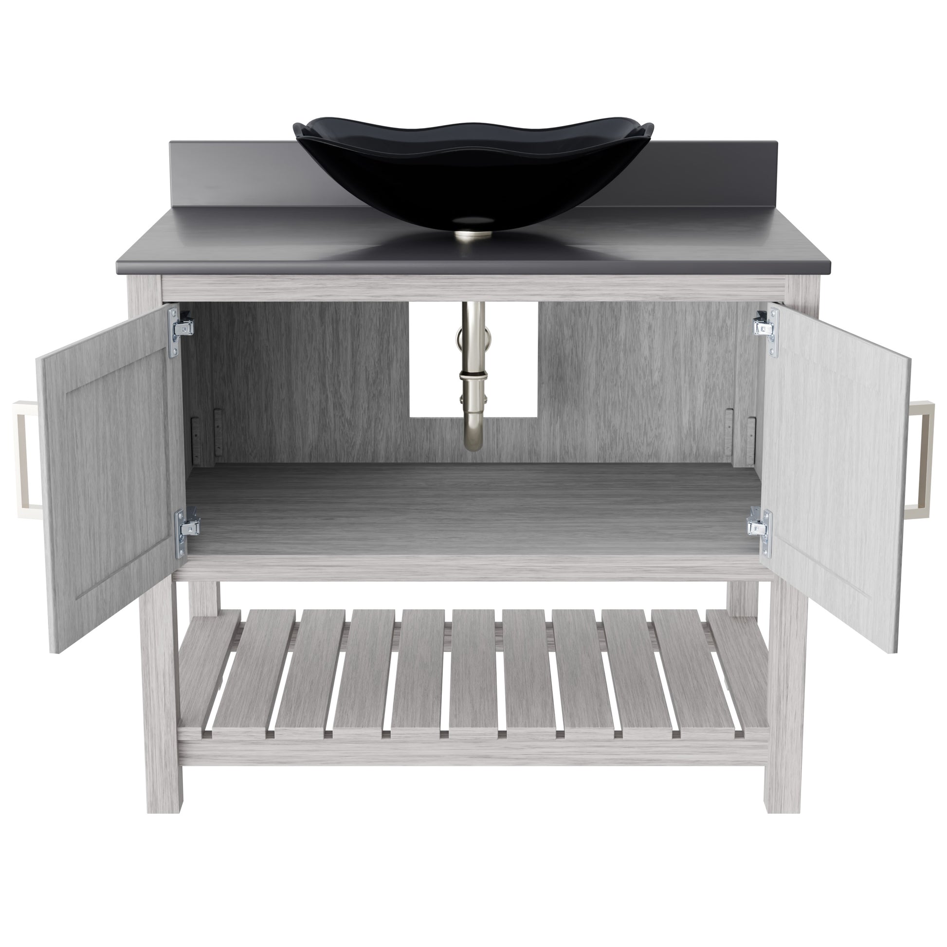Novatto 36-inch bath vanity with storm grey quartz countertop and sink, showcasing sleek bathroom accessory design.