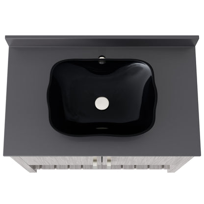 36-inch Novatto bath vanity with storm grey quartz counter and sink, showcasing sleek bathroom accessory design.