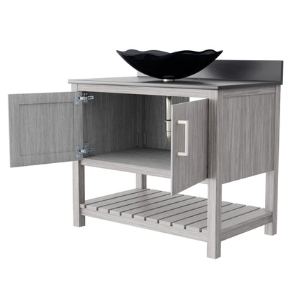 36-inch Novatto bath vanity with storm grey quartz countertop and sink, featuring modern hardware and sleek design.