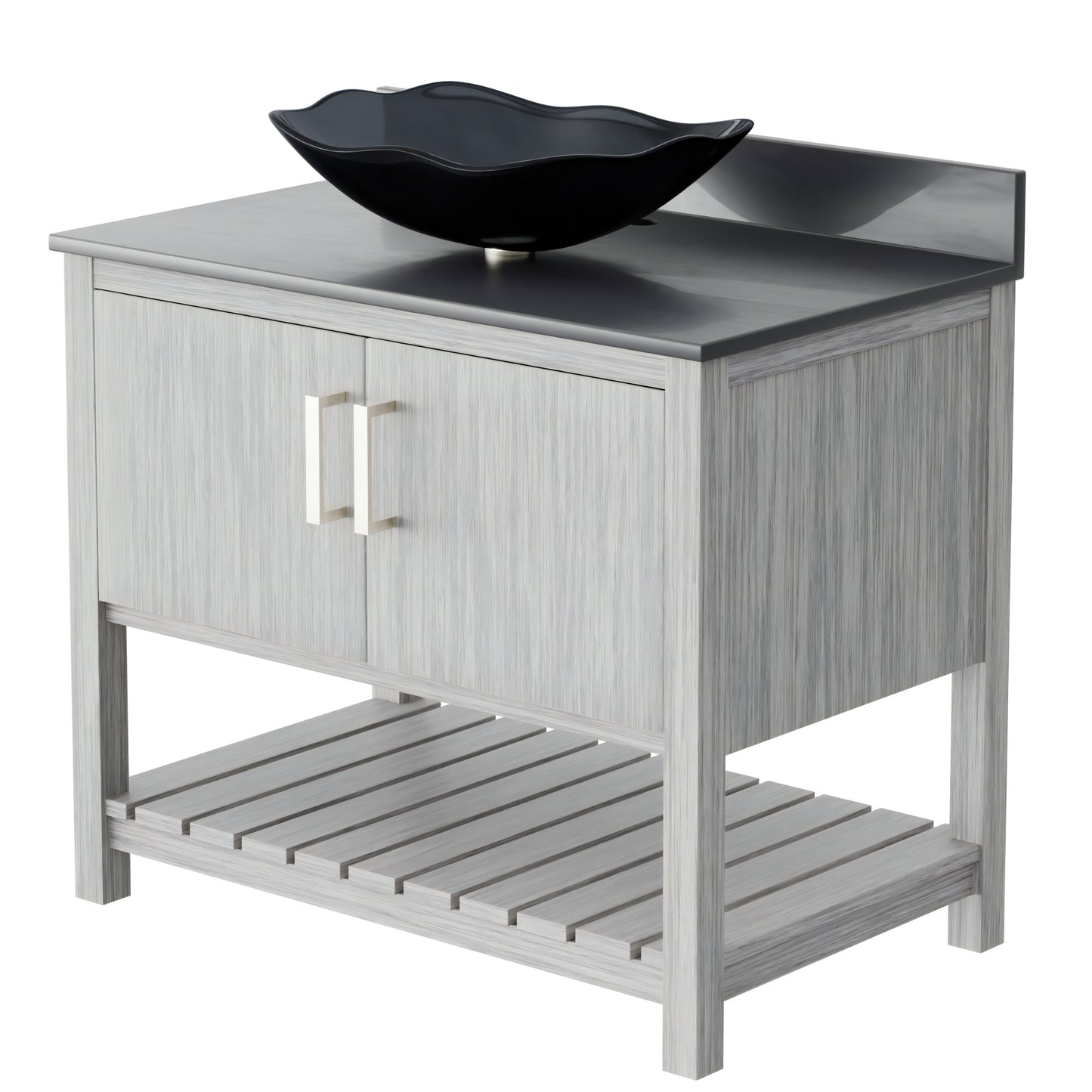 36-inch Novatto bath vanity with storm grey quartz countertop and integrated sink, showcasing modern bathroom accessory design.